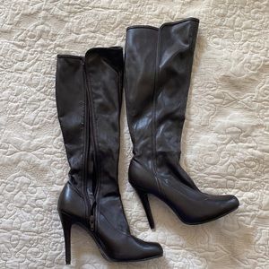 Faux leather knee high stiletto boots